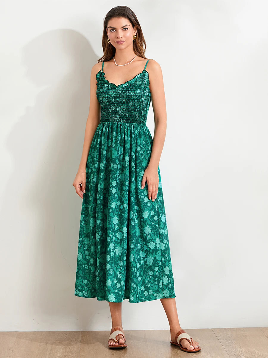 Elegant V-Neck Sleeveless Maxi Dress with Lace Trim Flowy A-Line Evening Gown