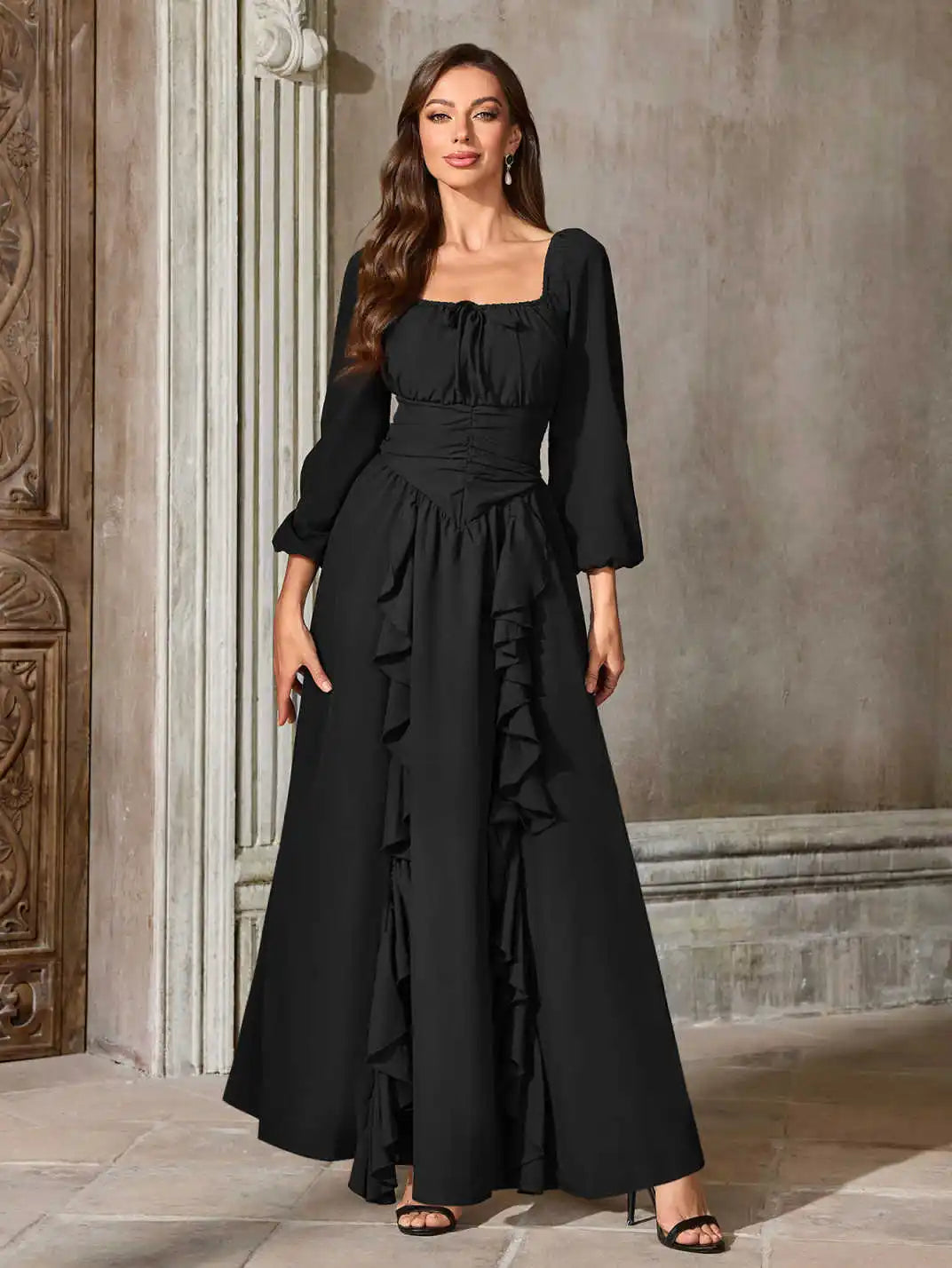 Renaissance Medieval Dress Women Ren Faire Dress, Square Neck, Long Puff Sleeves,