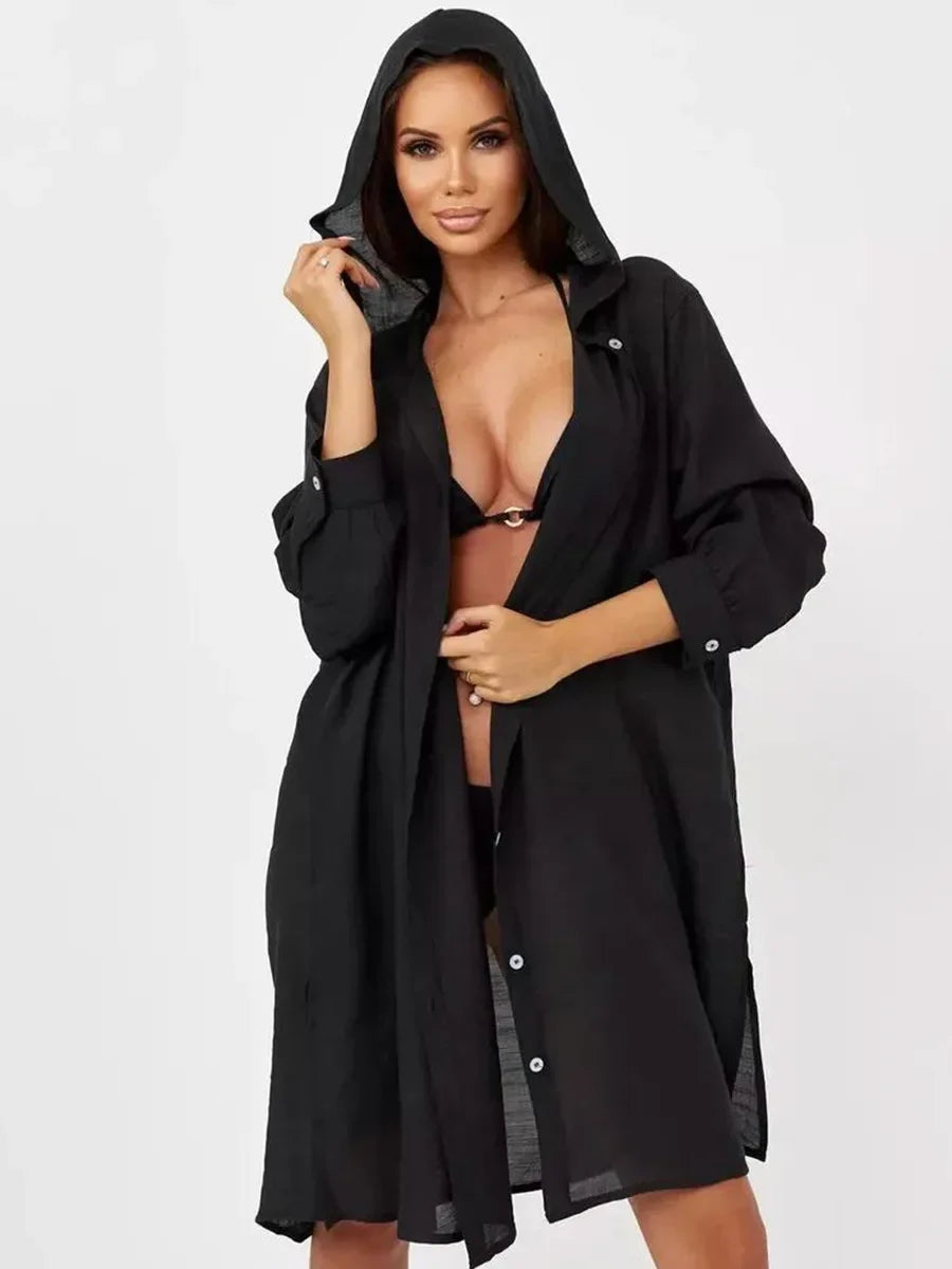 Women's Long Sleeve Button Down Tunic Dress Beach Cover Up