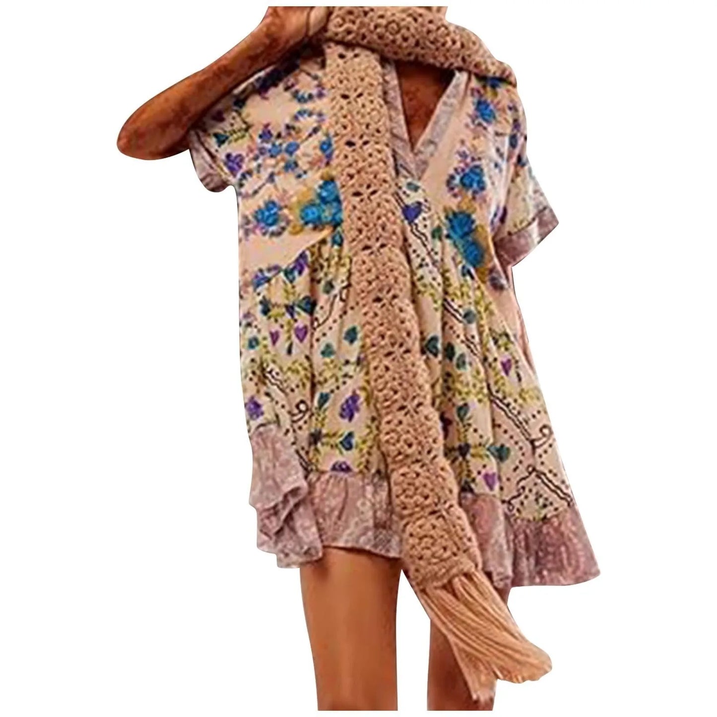 Women Boho Beach Mini Dress 2024 Summer V Neck Short Sleeve