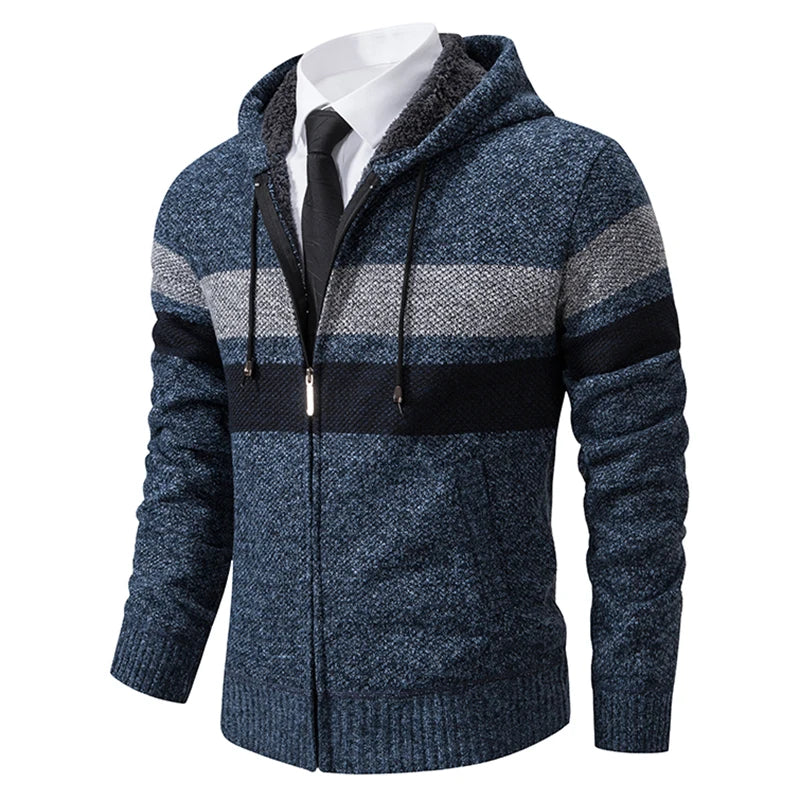 Men's Striped Hooded Cardigan Coat Velvet Padded Knit