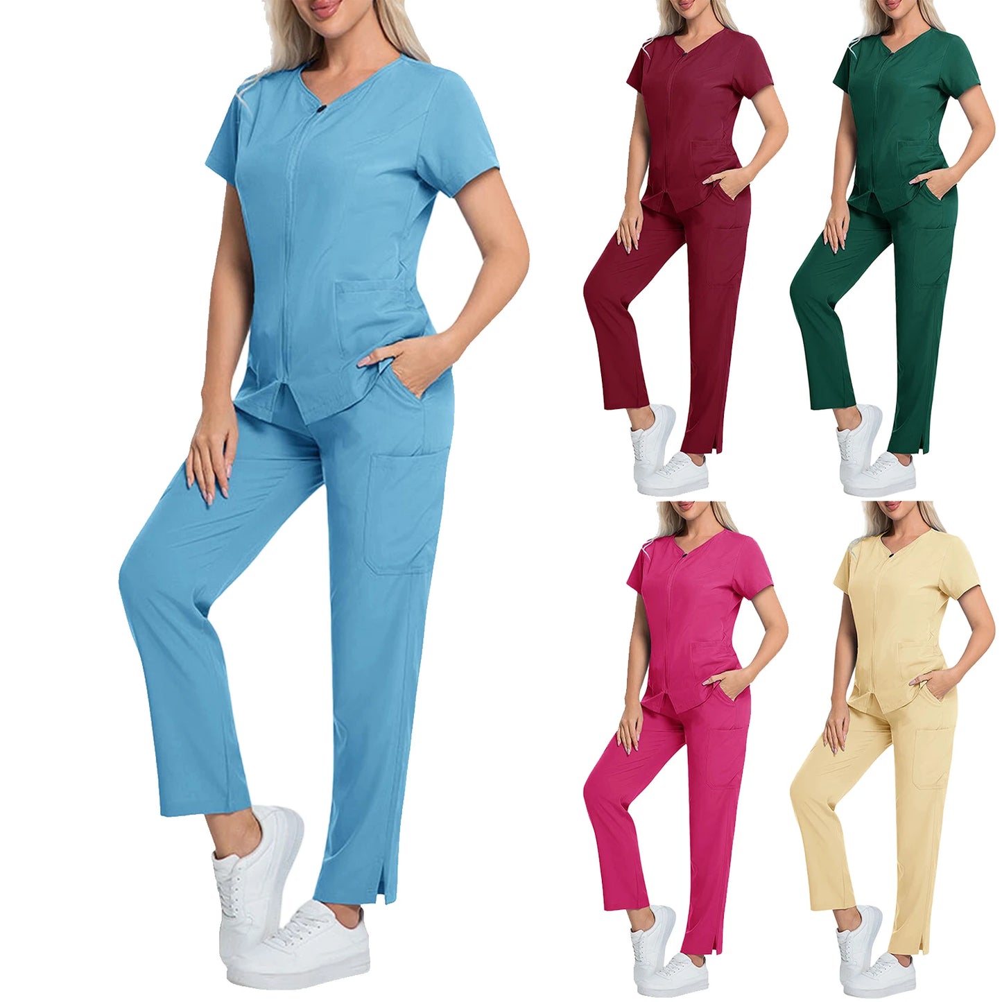 Scrub Set V-Neck Short Sleeve Zipper Multi-Pocket Solid Color Medical Uniform