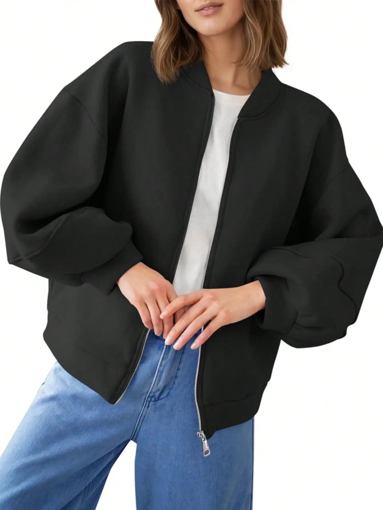 Fisoew Womens Full Zip Up Sweatshirt Jackets Casual Fleece Long Sleeve Loose Warm Bomber Jacket Coats Fall Outfits
