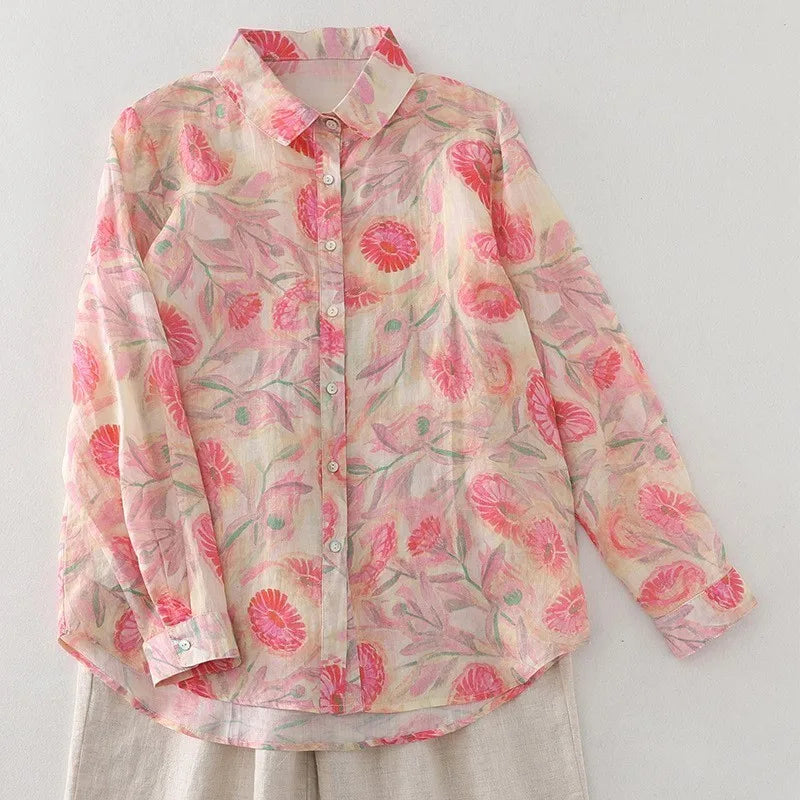 Women Cotton Linen Floral French Artistic Print Shirt Top For Autumn