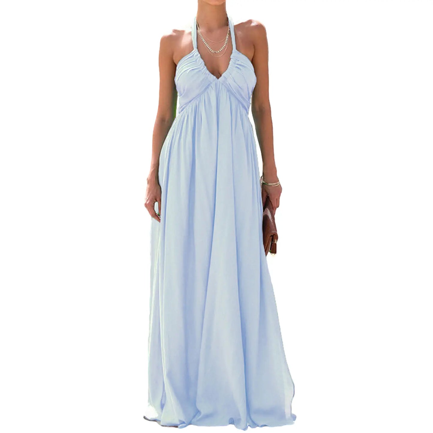 Women Summer Casual Long Dress Solid Color Tie-Up Halter Neck Sleeveless