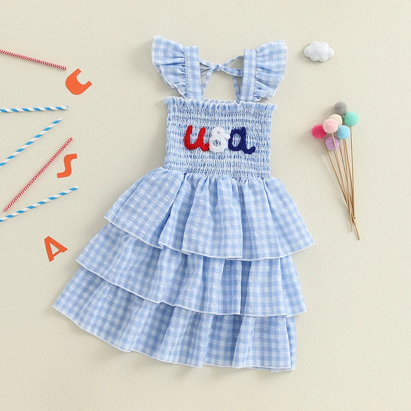 Independence Day Plaid Dress with Embroidered Stars and Stripes Smocked Flying Sleeve