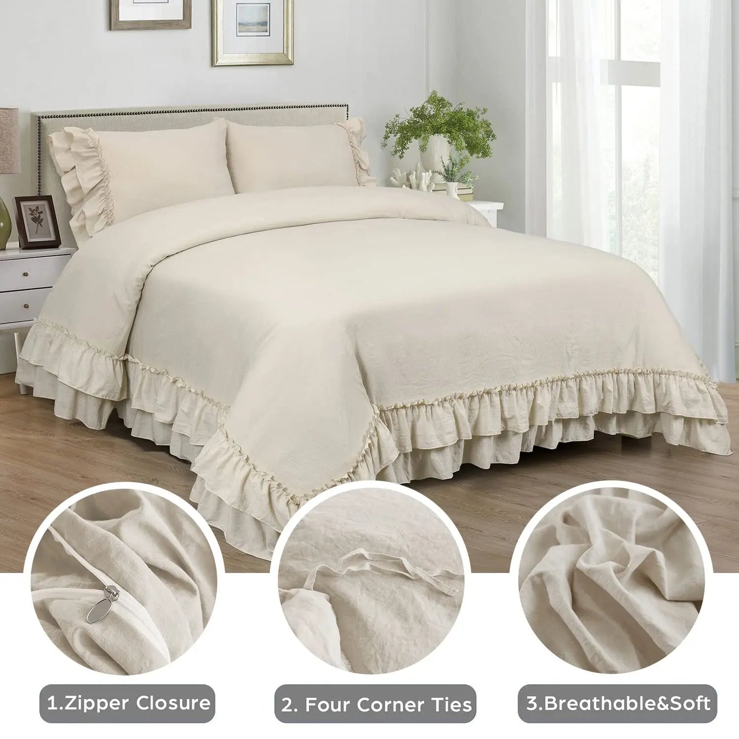 3 Piece Ruffled Duvet Cover Set Queen,Farmhouse Ruffle Comforter Set,Cozy Bedding Set - 1 Ruffle Comforter and 2 Pillowcases