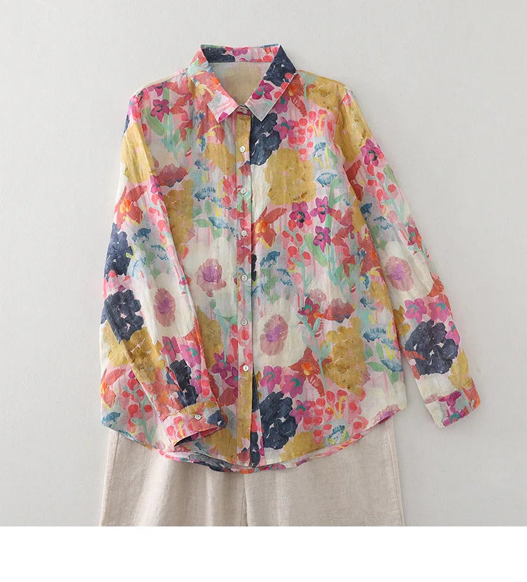 Women Cotton Linen Floral French Artistic Print Shirt Top For Autumn