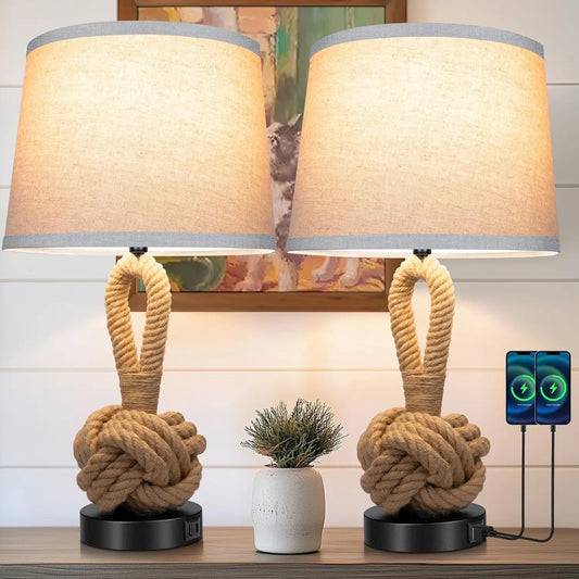 Rattan Table Lamps Set Of 2 With USB Ports And Three Color Temperatures