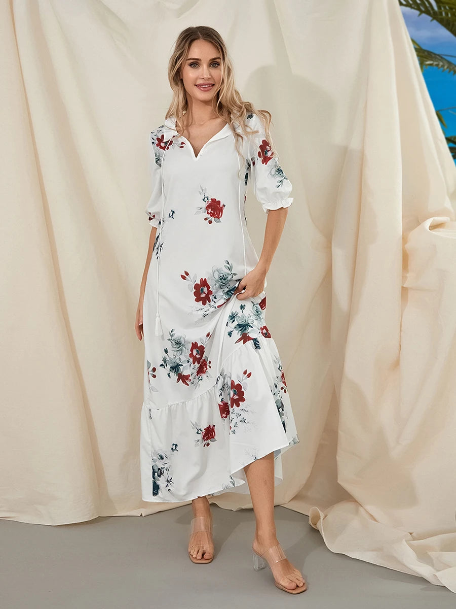 Women Long Dress Elegant Short Sleeve V Neck Flower Graphic Print