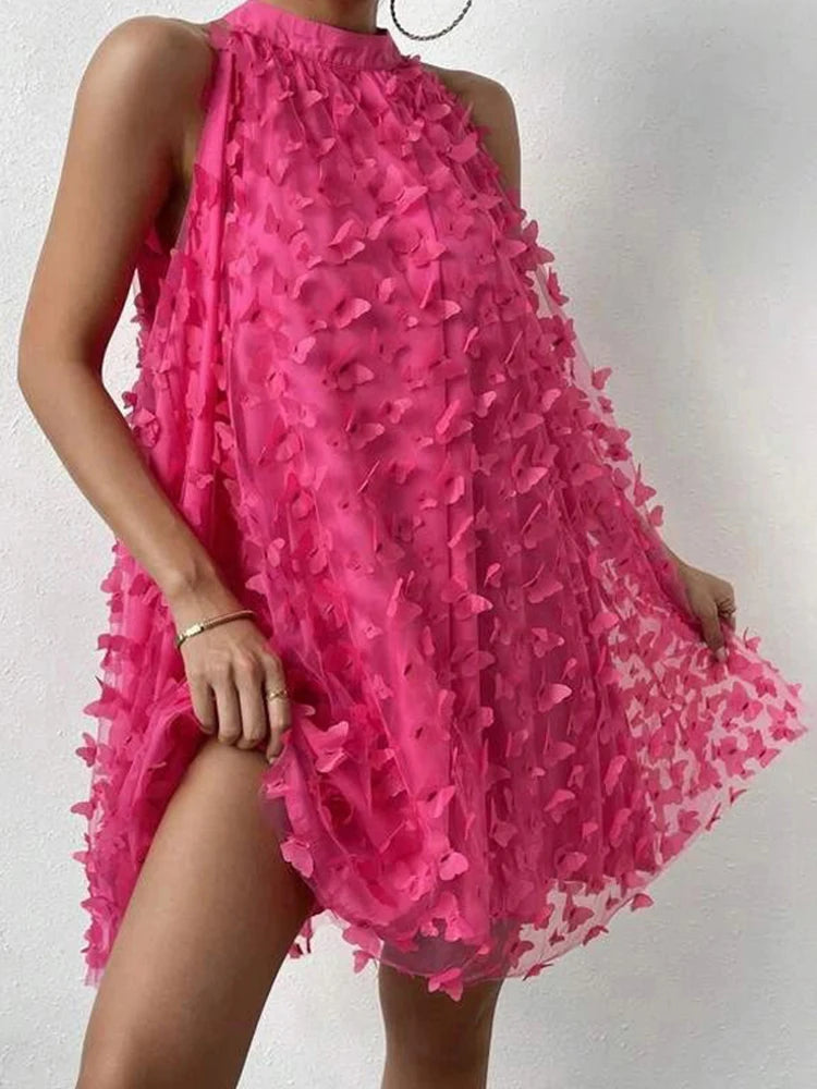 Sexy Women Mini Skirt Rose Red Sleeveless 3D Butterfly Fashion Jacquard Pleated