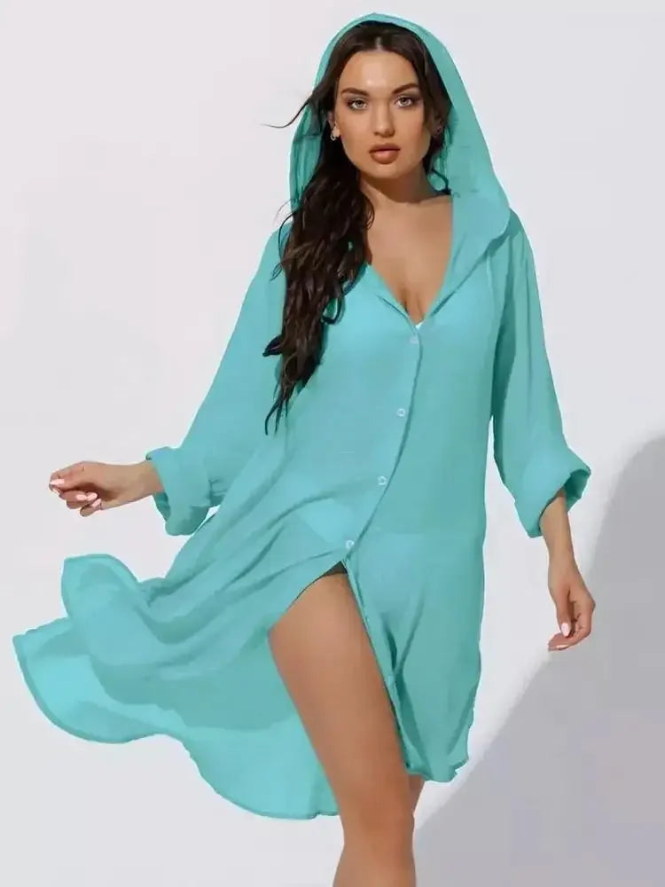 Women's Long Sleeve Button Down Tunic Dress Beach Cover Up