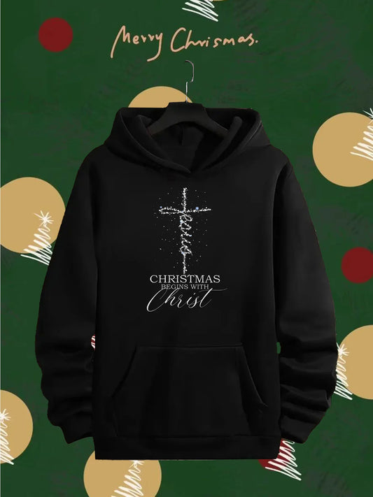 Men's Religious Faith Hooded Jacket Christmas Begins With Christ Jesus
