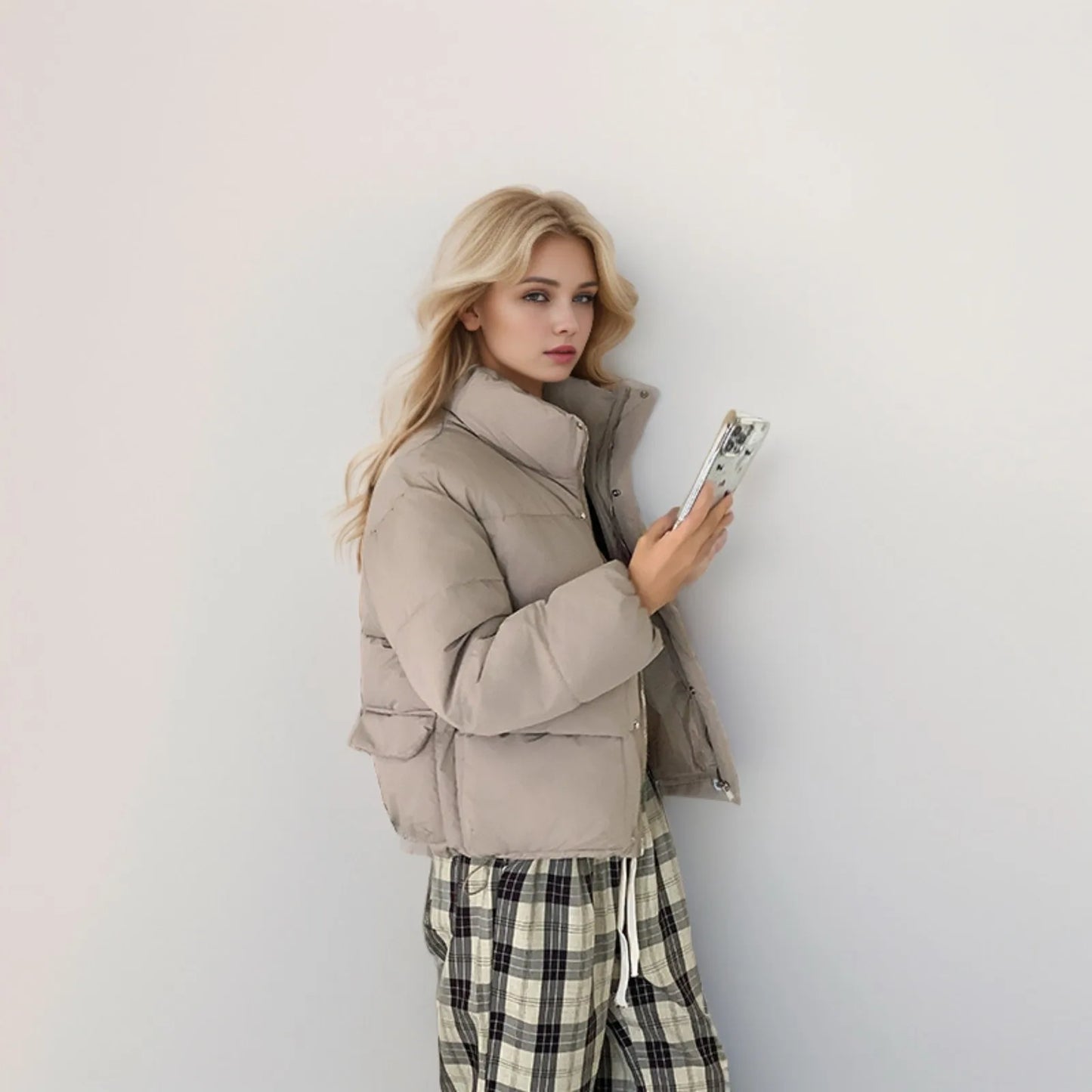 Women's Down Cotton Coat Short Stand-up Collar Autumn/winter Solid Color