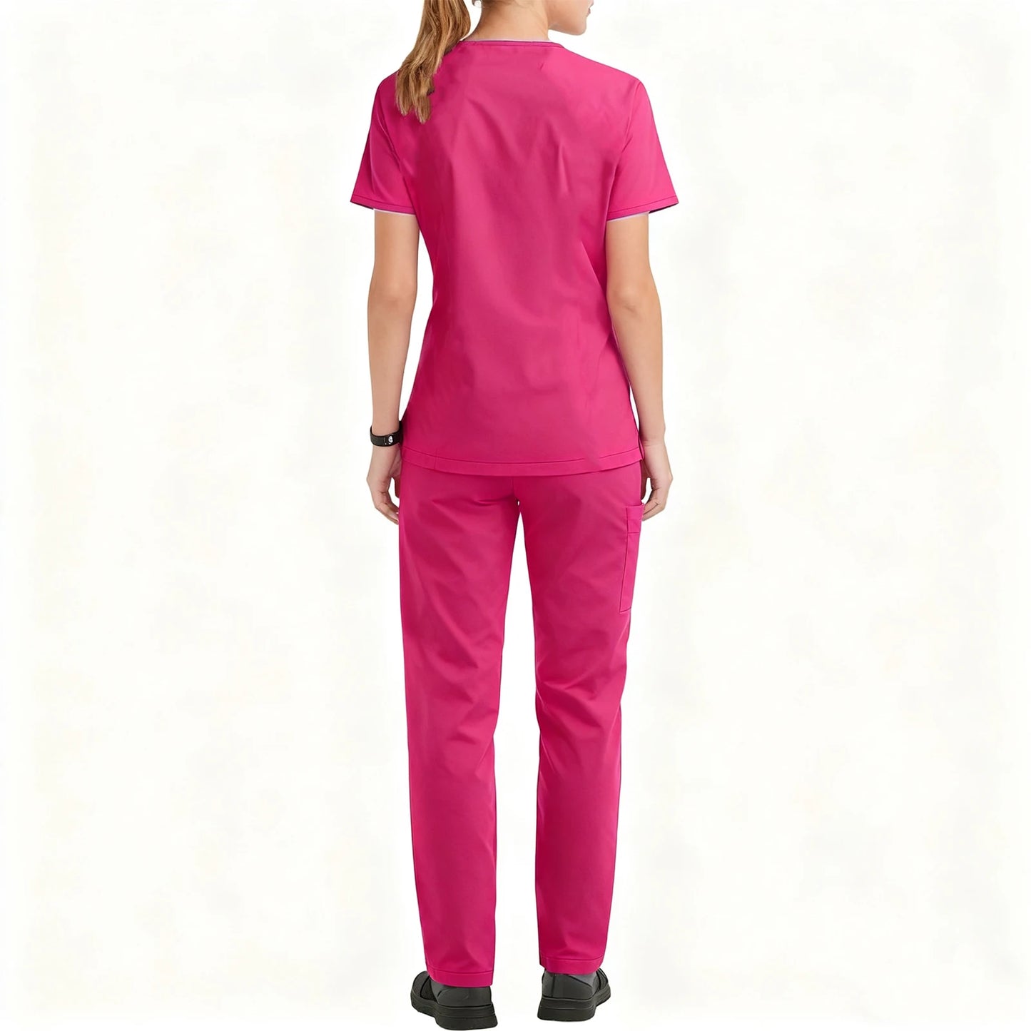 Women's Nurse Scrub Set V-Neck Short Sleeve Multi-Color Zipper Pocket Long Pants Medical Uniform Cozy Professional Workwear