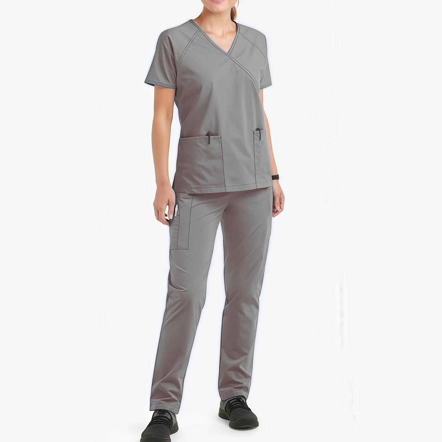 Women's Nurse Scrub Set V-Neck Short Sleeve Multi-Color Zipper Pocket Long Pants Medical Uniform Cozy Professional Workwear