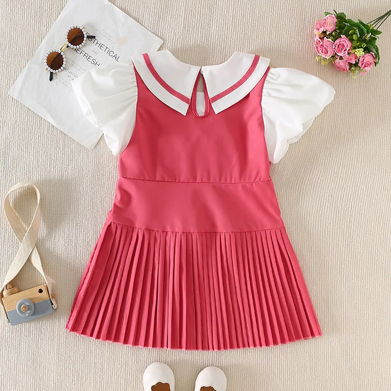 Youthful Girl s Summer Dress with Short Puff Sleeves V-Neckline and Bow Detail