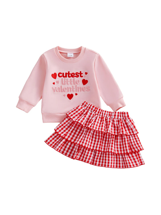 Valentine s Day Girls 2 Piece Outfits Heart Print Long Sleeve Crew Neck Tops and Ruffle Hem