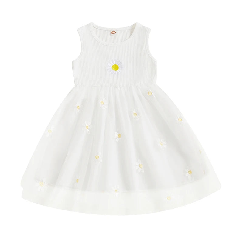 Floral Embroidered Sleeveless Tulle Dress with Round Neckline for Little Girls -