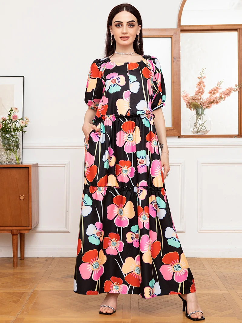 Sweet Round neck Flowers Plant Pocket Buttons Lantern sleeve Long Dress