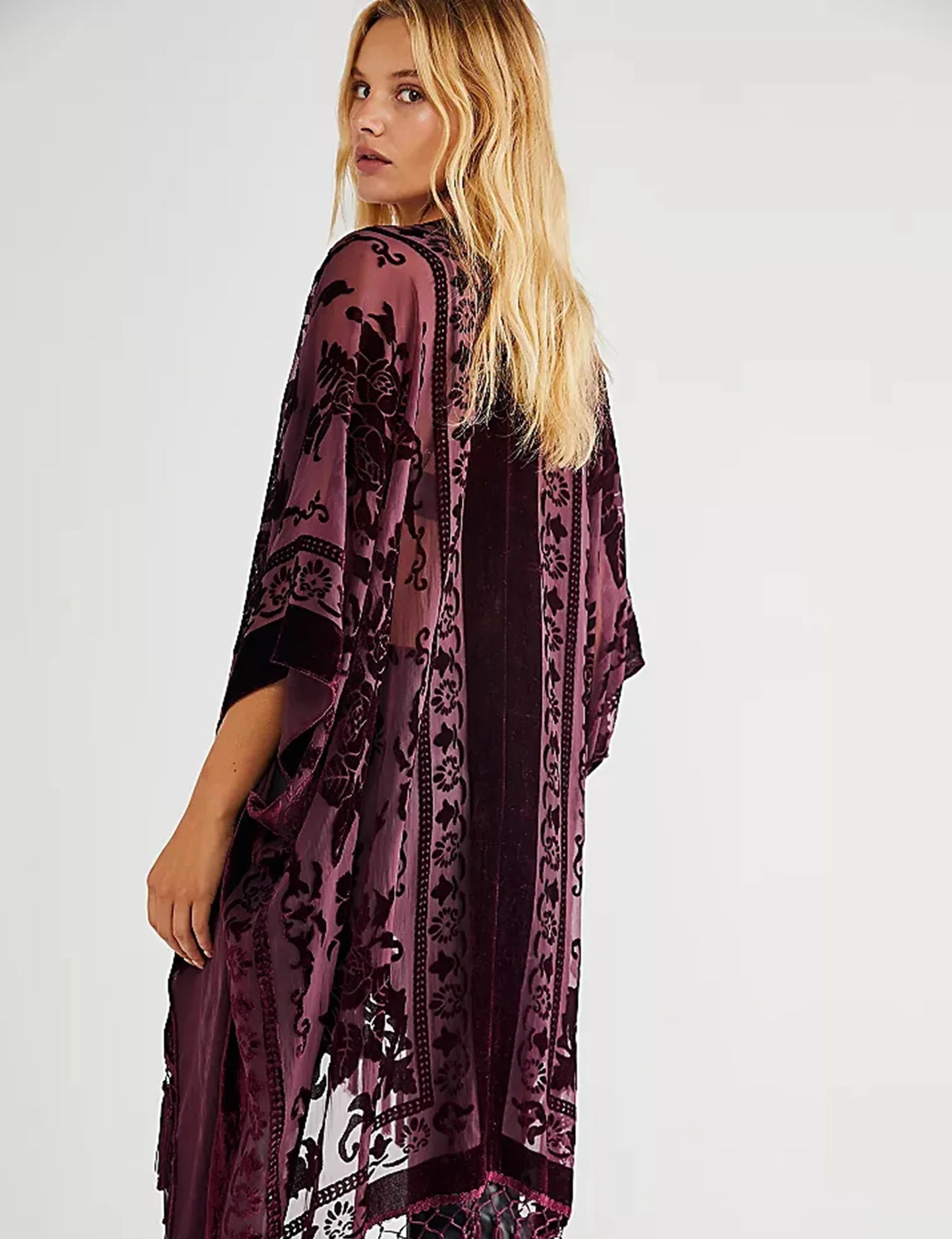 WeHello Women's Burnout Velvet Kimono Long Cardigan Cover Up with Tassel