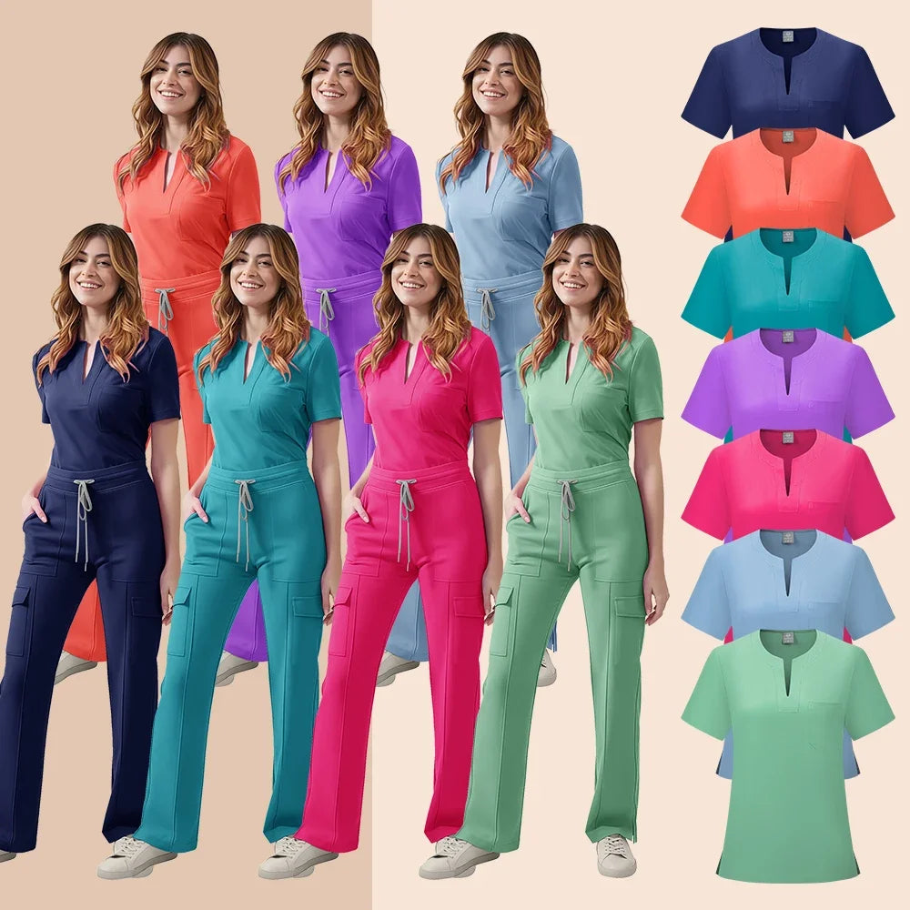 Medical Scrubs Uniform Women Nurse Scrub Set Pocket Top+Pants 2 Piece Suit