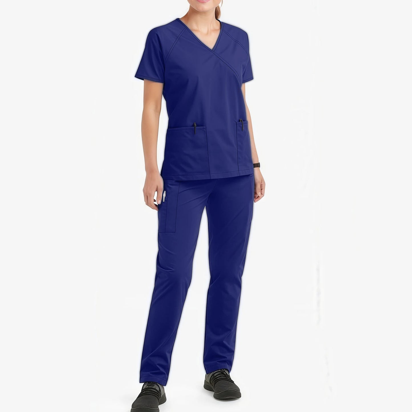 Women's Nurse Scrub Set V-Neck Short Sleeve Multi-Color Zipper Pocket Long Pants Medical Uniform Cozy Professional Workwear