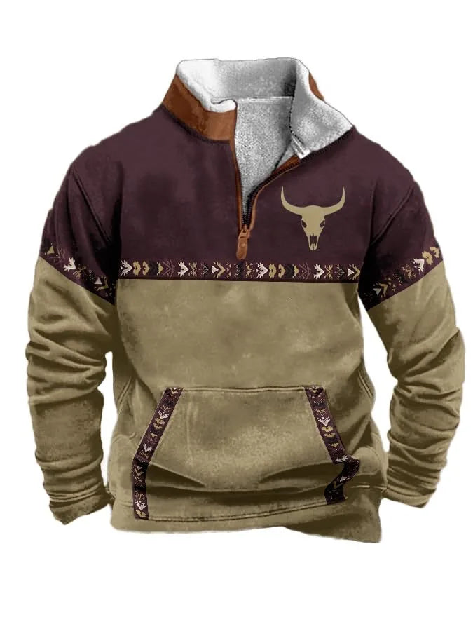 Men'S Vintage Western Hoodie with Aztec Cowboy Design - Beige & Gray Zip-Up Pullover