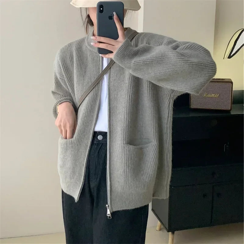 Cozy Knit Cardigan Jacket With Double Zipper For Autumn Winter