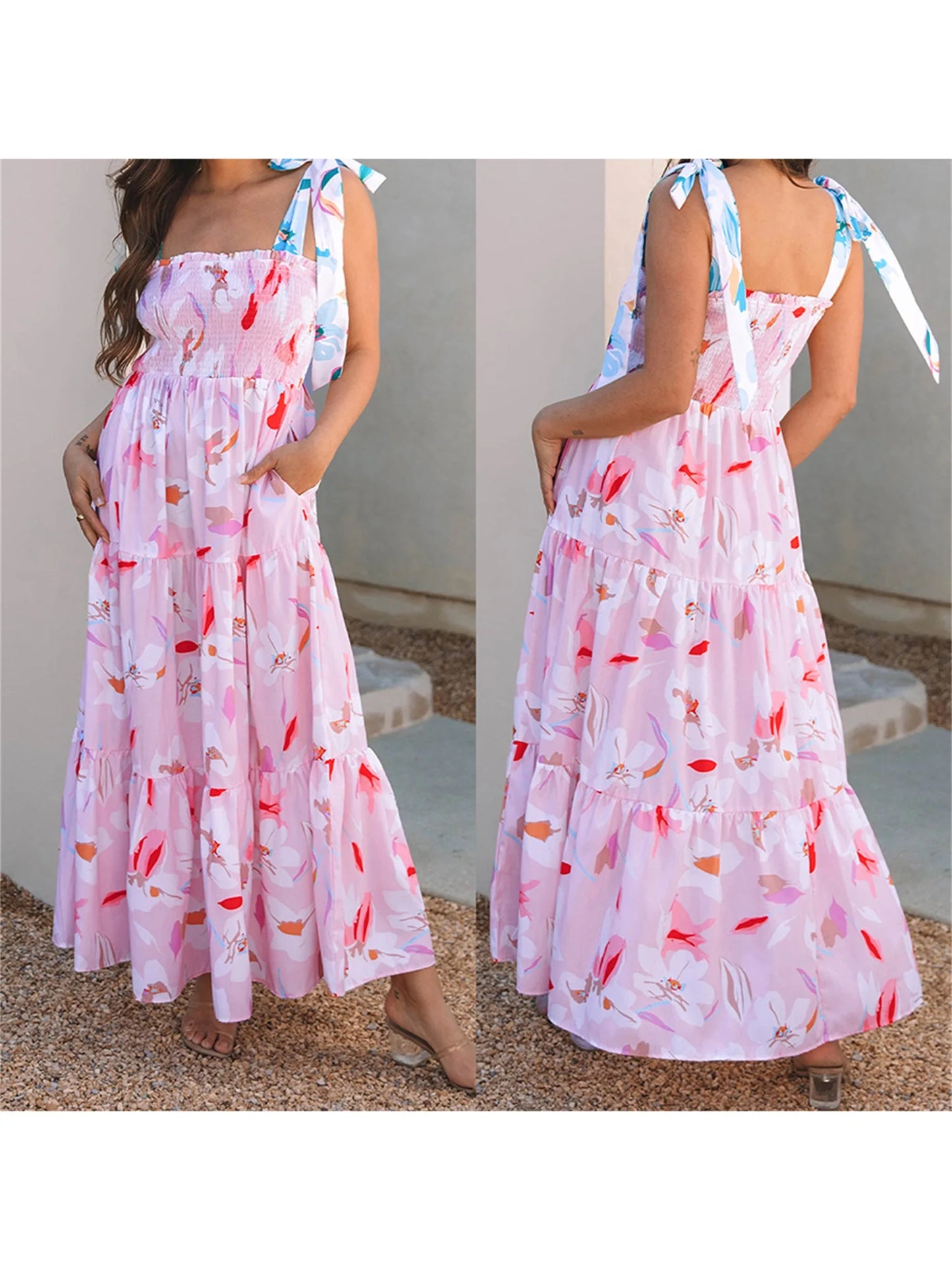 Women s Boho V-Neck Maxi Dress with Ruffle Hem and Adjustable Spaghetti Straps