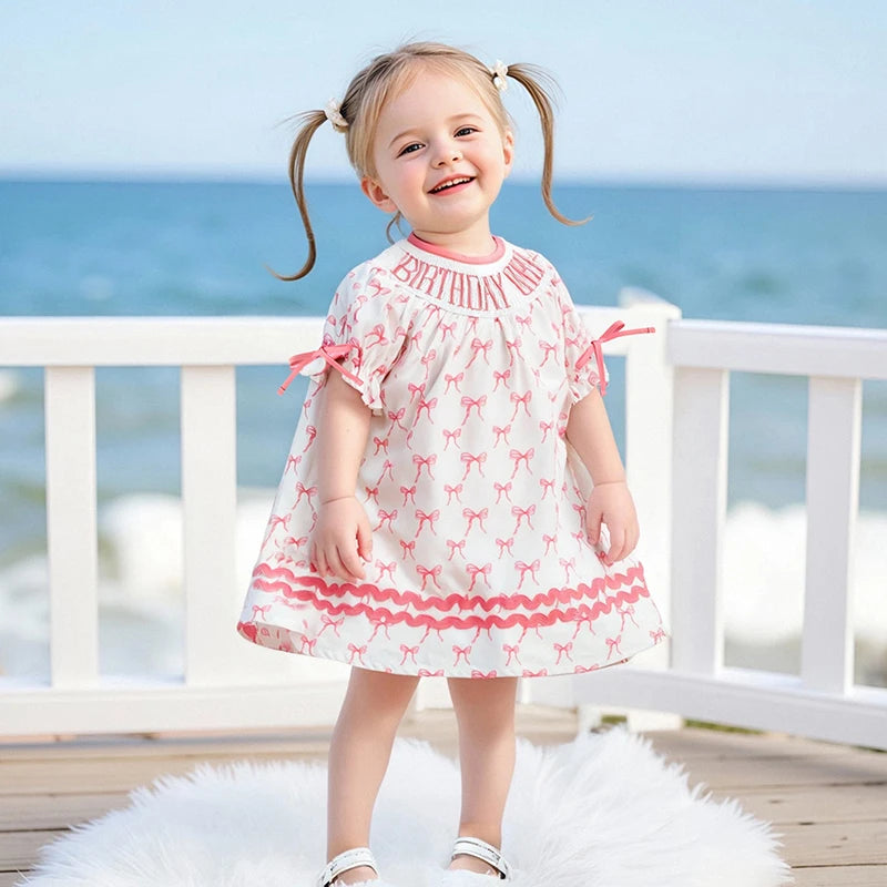 Toddler Girl Birthday Dress with Puff Sleeves and Embroidered Letters Smocked