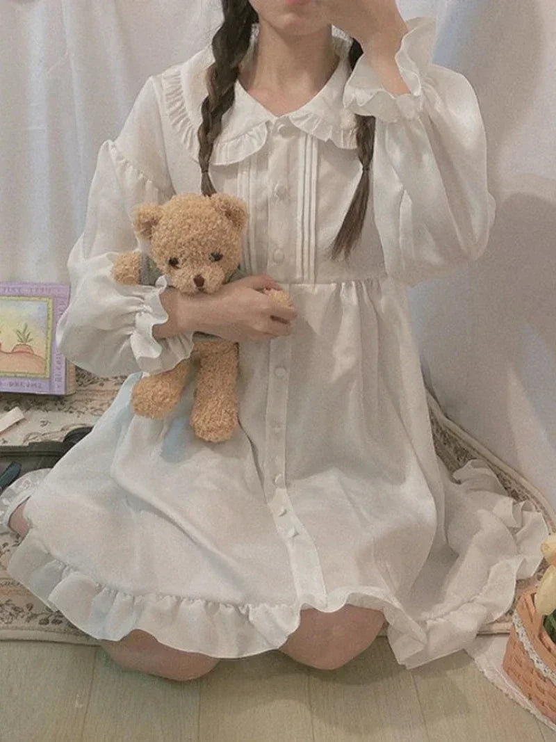 Japanese Sweet Girl Lolita Dress White 2021 Summer Kawaii Peter Pan Collar