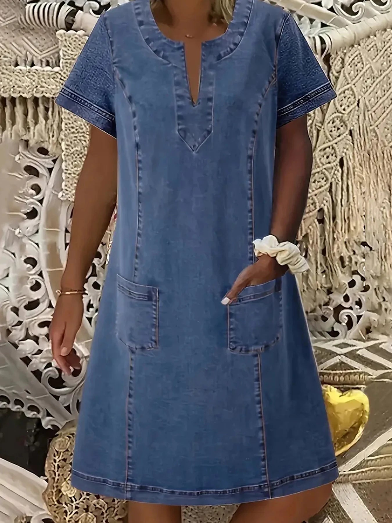 Women's Fashionable Casual V-Neck Short Sleeved Denim Dress with Pockets,