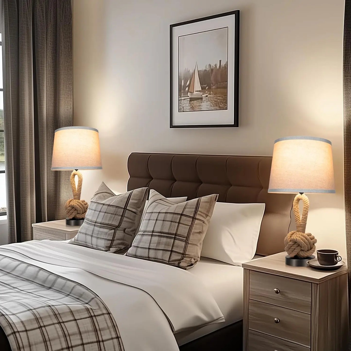 Rattan Table Lamps Set Of 2 With USB Ports And Three Color Temperatures