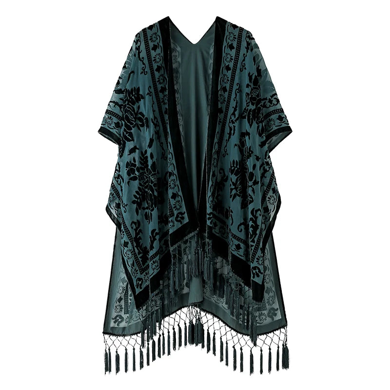 WeHello Women's Burnout Velvet Kimono Long Cardigan Cover Up with Tassel