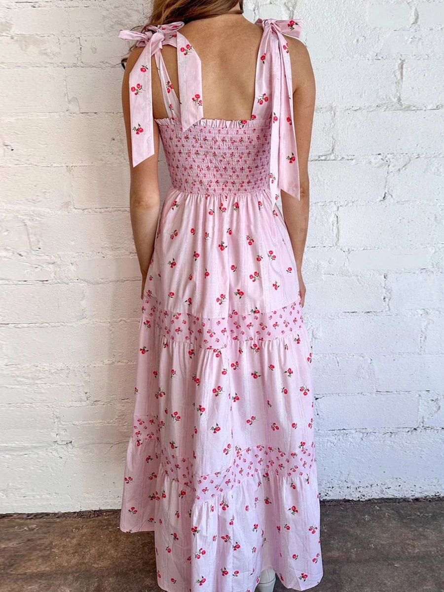 Elegant V-Neck Maxi Dress Sleeveless Floral Print Tie-Up Dress for Summer