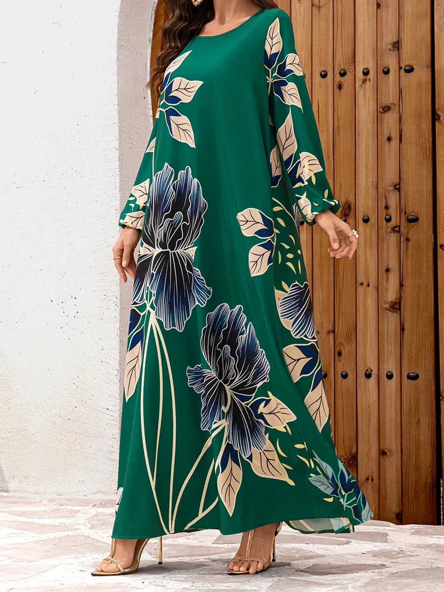 Elegant Velvet Floral Maxi Dress With Flowing Silhouette And Sleeves