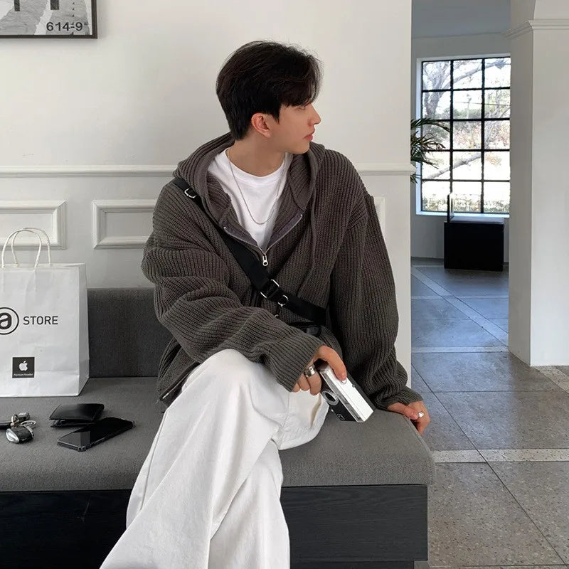 Men's Korean Light Luxury Knit Hooded Cardigan Sweater Casual