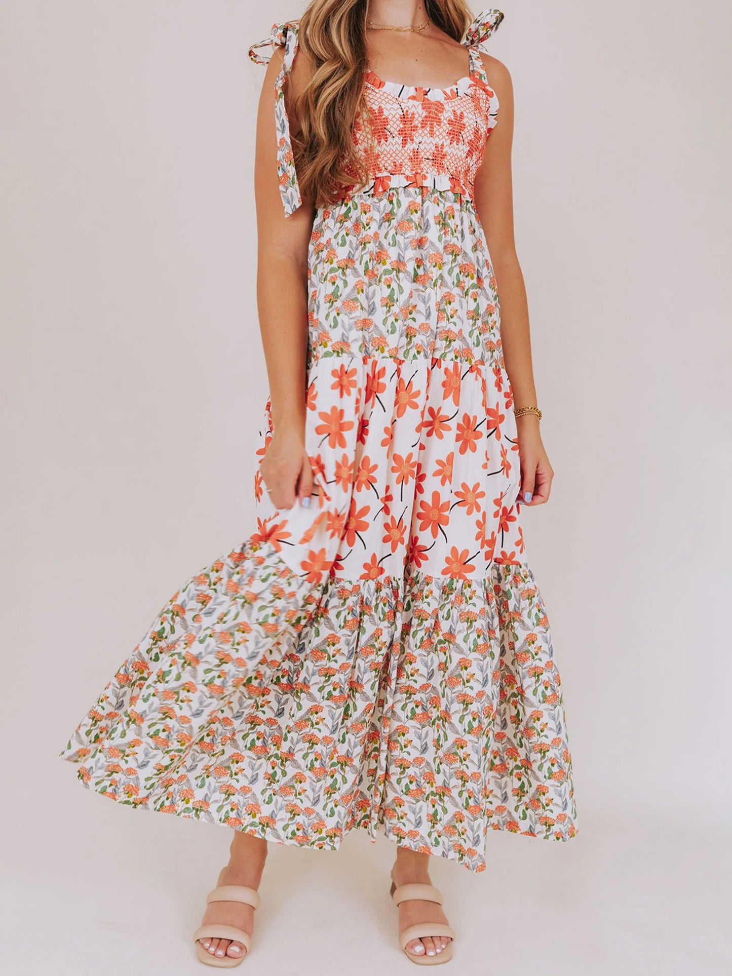 Women s Boho Maxi Dress with Ruffle Hem and Adjustable Spaghetti Straps