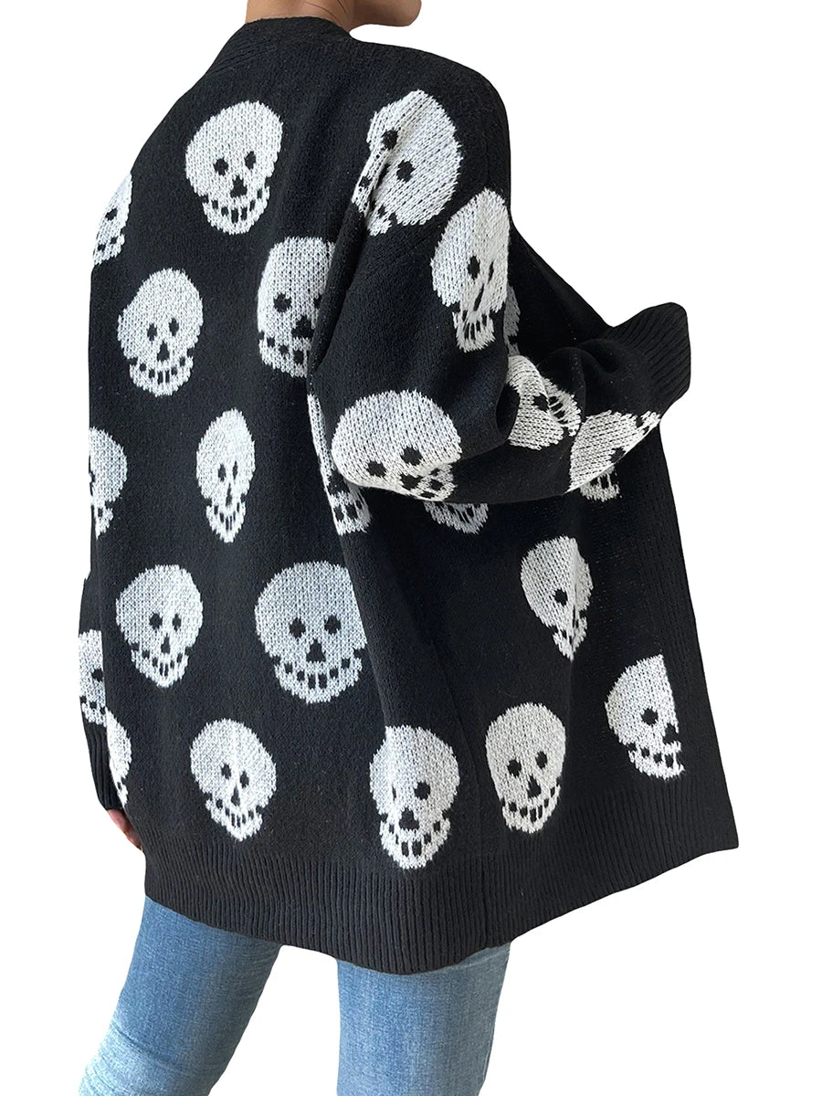 Women Halloween Skull Knit Cardigan Open Front Long Sleeve