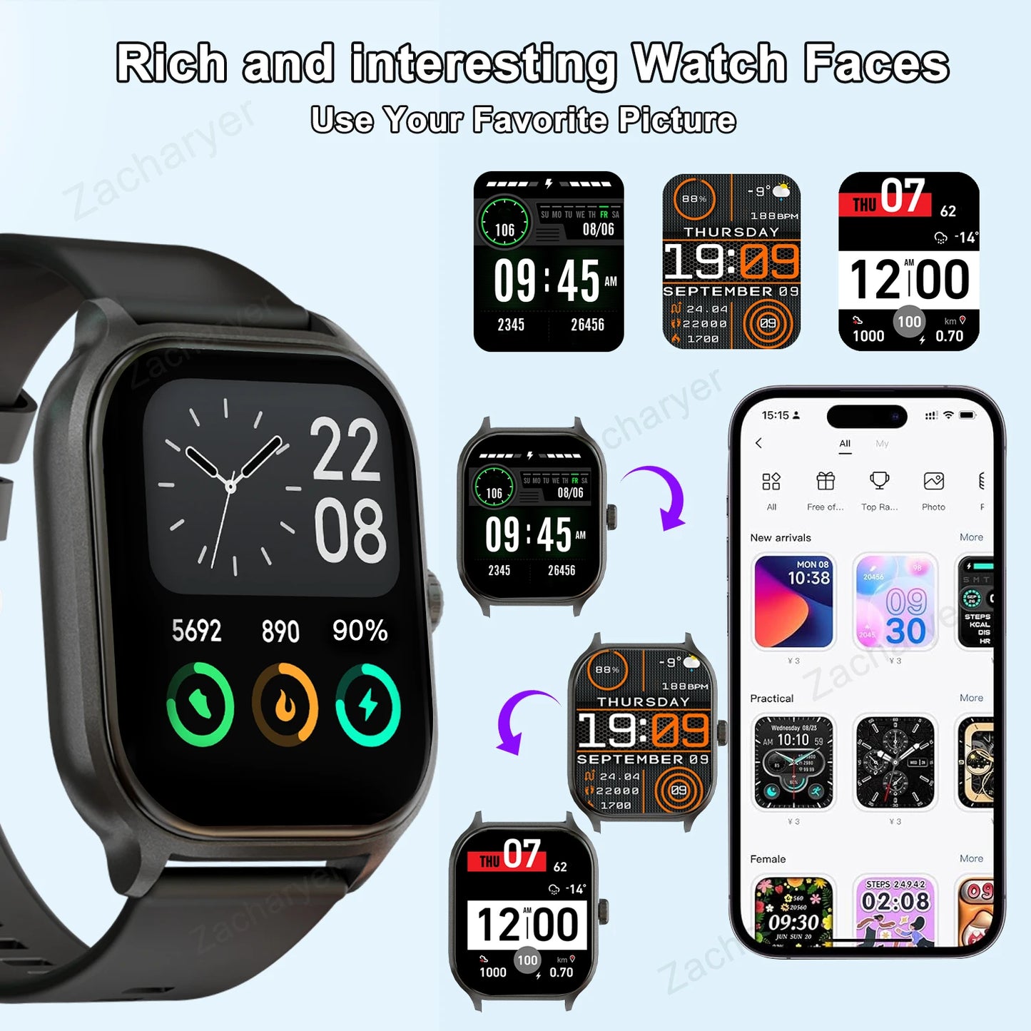 Smart watch, wireless calling/dial, multi-Sport mode, calling reminder and rejection,