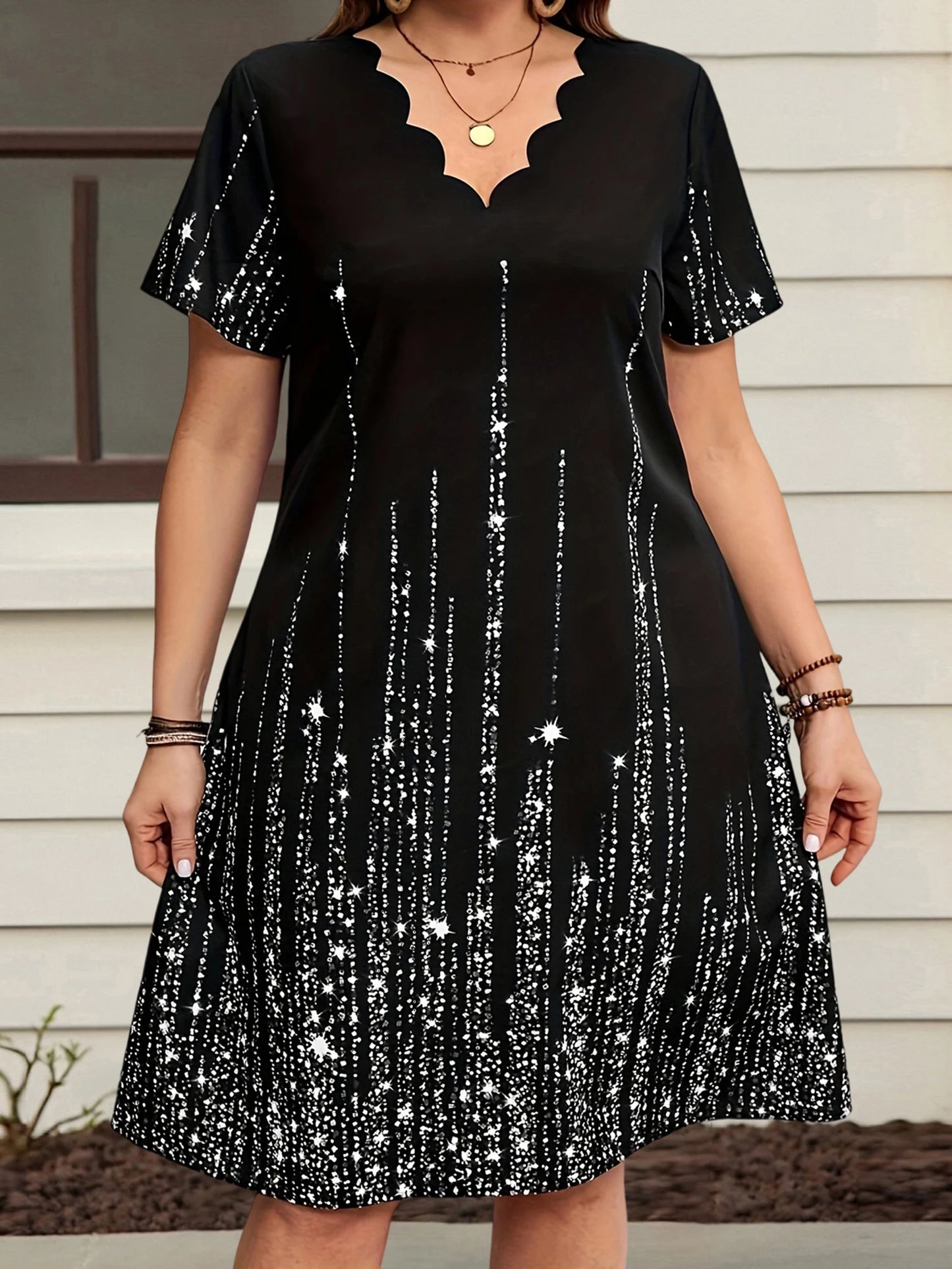 Plus Size Women s Casual Summer Dress with Fashionable Print Scallop Trim V Neck