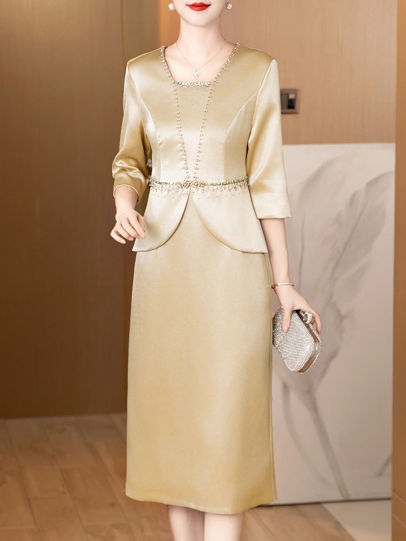 Elegant champagne dress wedding banquet three-quarter sleeve dress for women