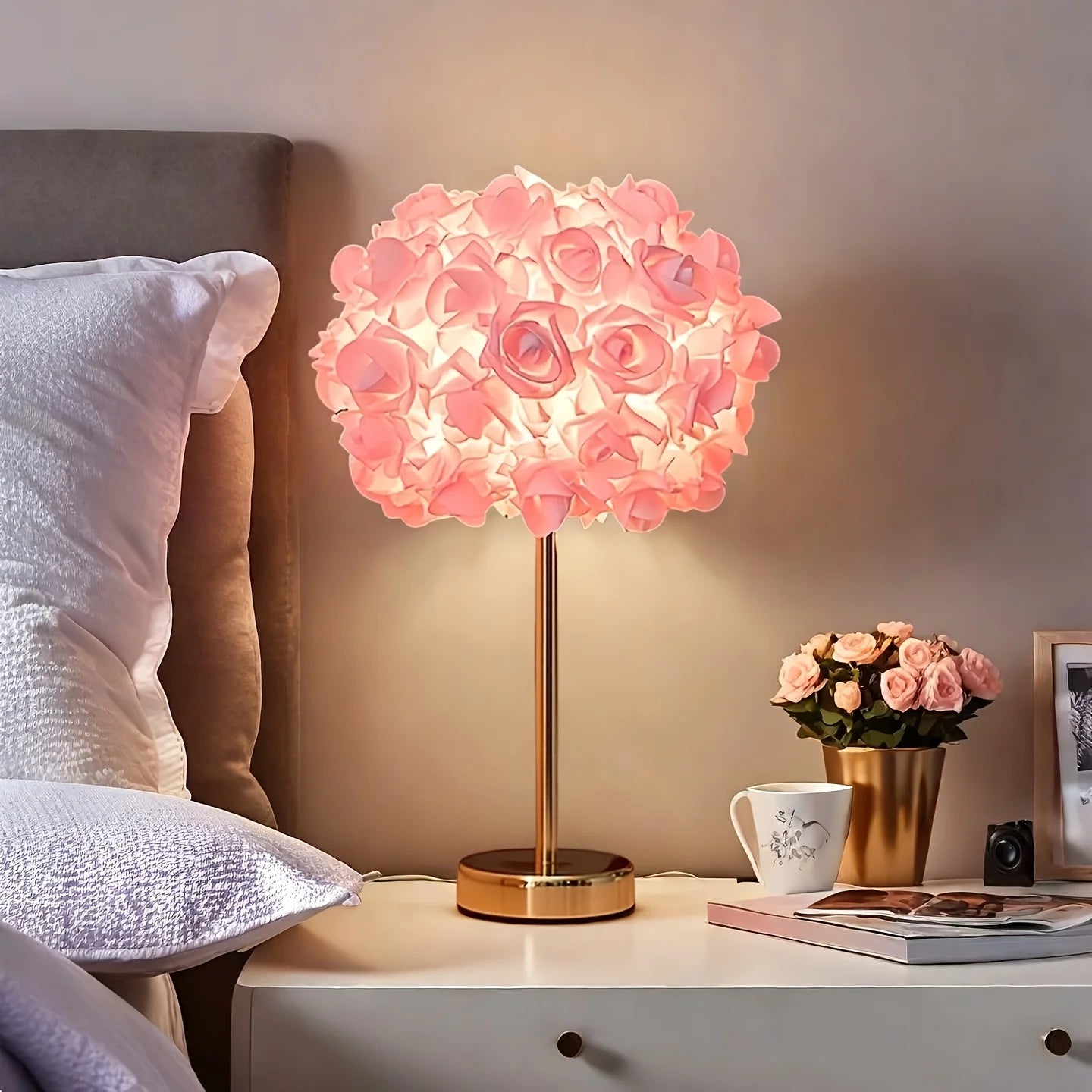 High End LED Table Lamp With Rose Flower Shade And Polished Metal Base