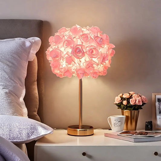 High End LED Table Lamp With Rose Flower Shade And Polished Metal Base
