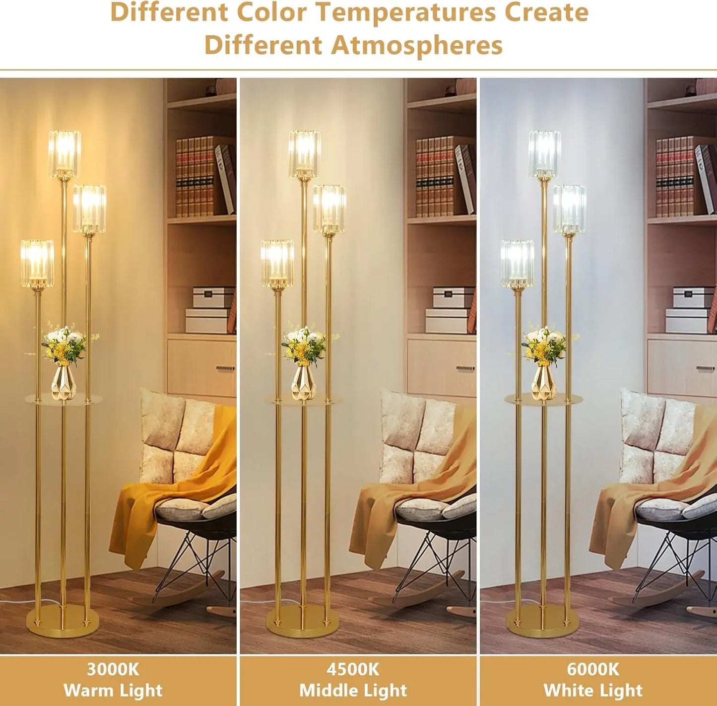 Crystal Floor Lamp With Shelves Rechargeable Battery Powered