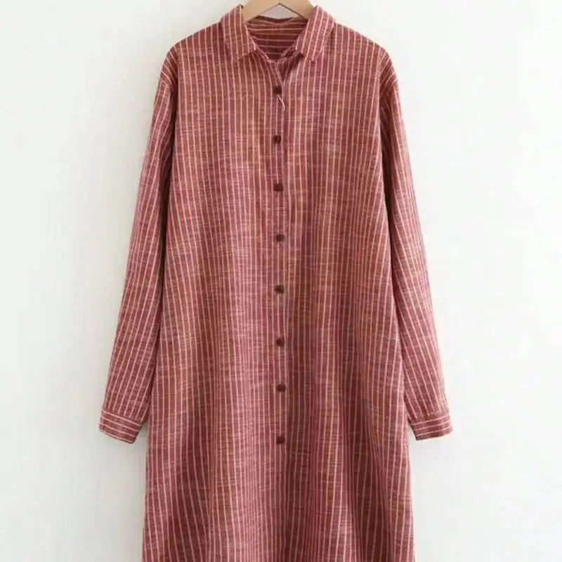 Plus-Size Artistic Striped Pocket Shirt Midi Fit Long Sleeve Versatile Outerwear for Women