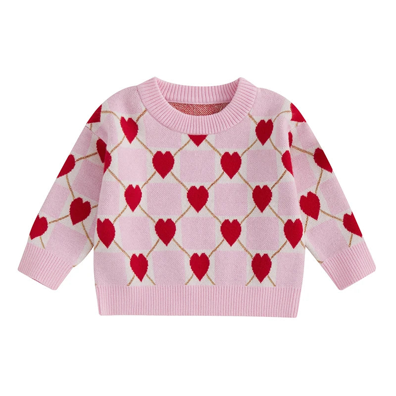 Girls Heart Patterned Knit Sweater with Long Sleeves and O Neckline -