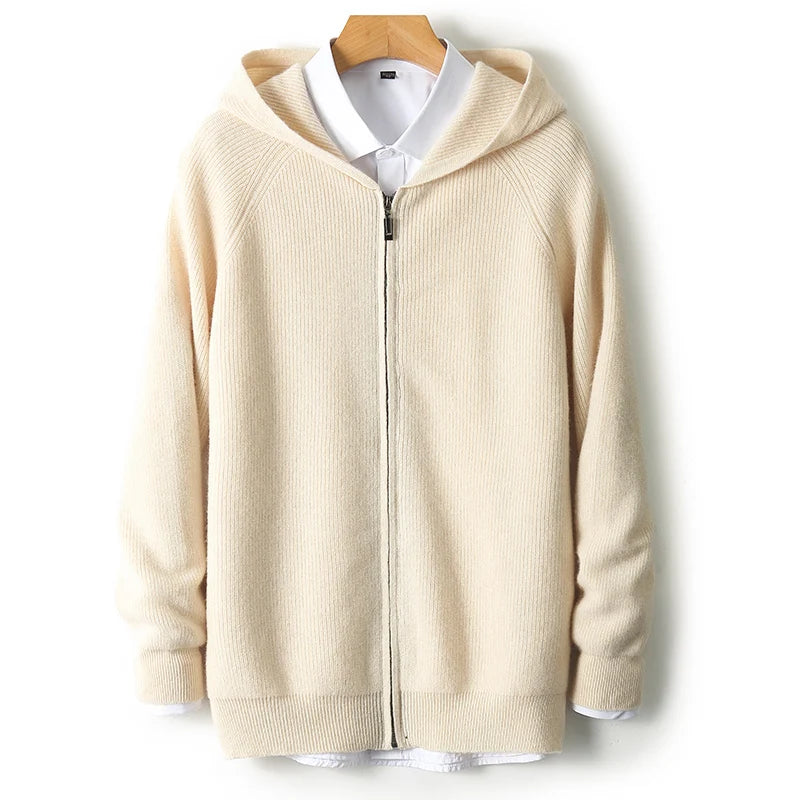 Merino Wool Hooded Zipper Cardigan For Men In Autumn Winter