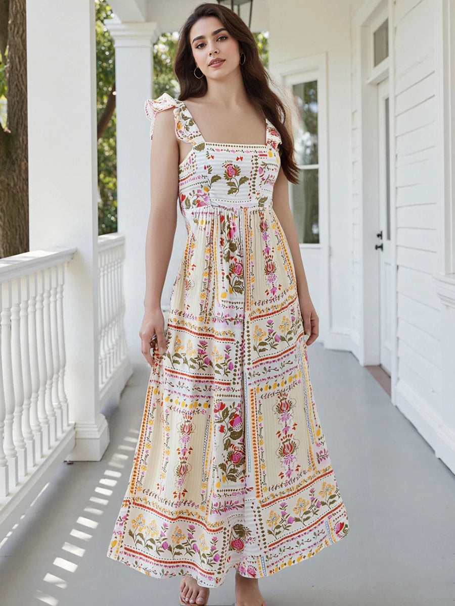 Elegant Vintage Style Sleeveless Floral Print Square Neck Midi Dress with Adjustable Straps